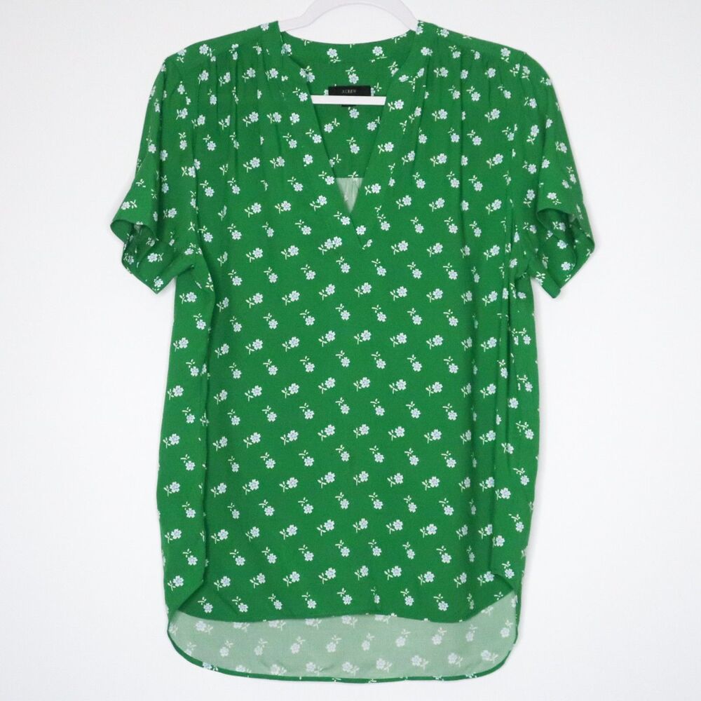 J.Crew Womens Blouse Size Small Green Floral Split V-neck Feminine Office Career
